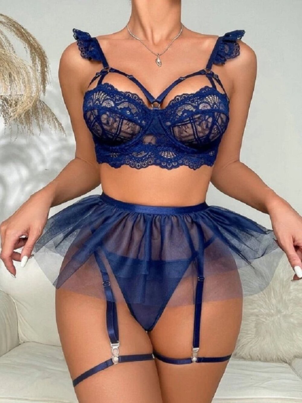 Women Sexy Lingerie Lace Sheer Babydoll Nightie Chemise Sleepwear Bra Skirt Set.